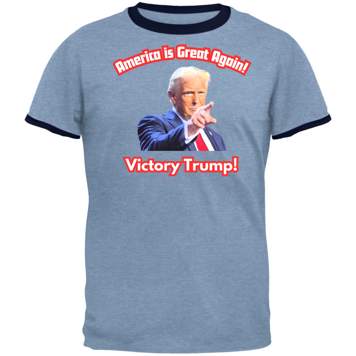 America is Great Again Victory Donald Trump 20024 Mens Ringer T Shirt Men's T-Shirts Oldglory.com SM Light Blue-Navy 