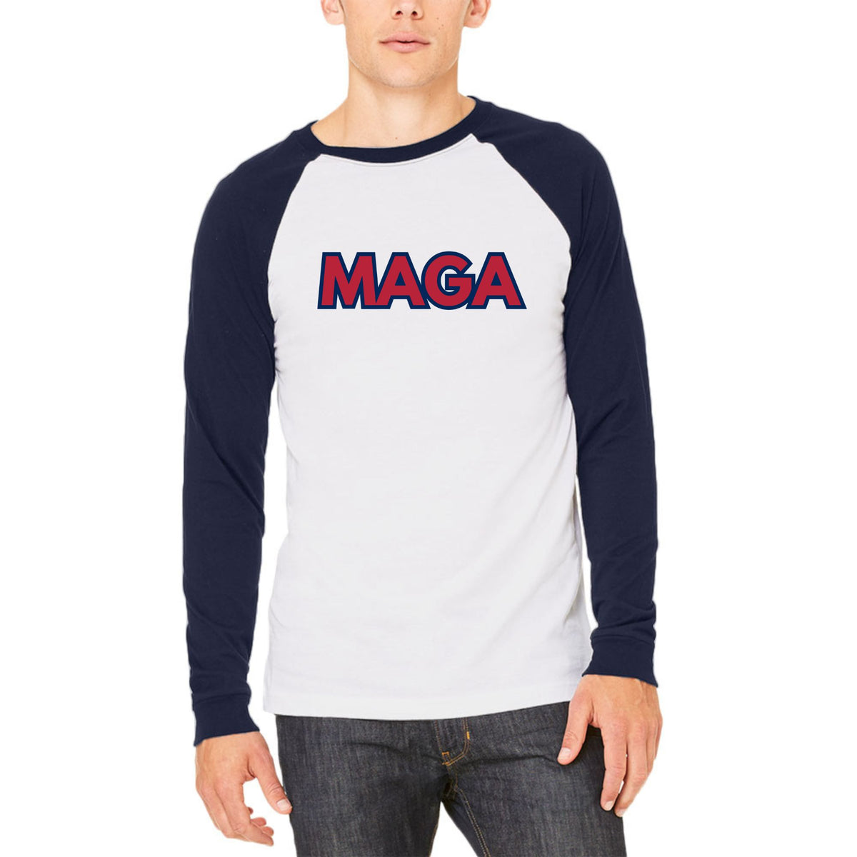 MAGA Donald Trump 47 Vintage Baseball Style Raglan Baseball Tee Men's T-Shirts Oldglory.com SM White-Navy 