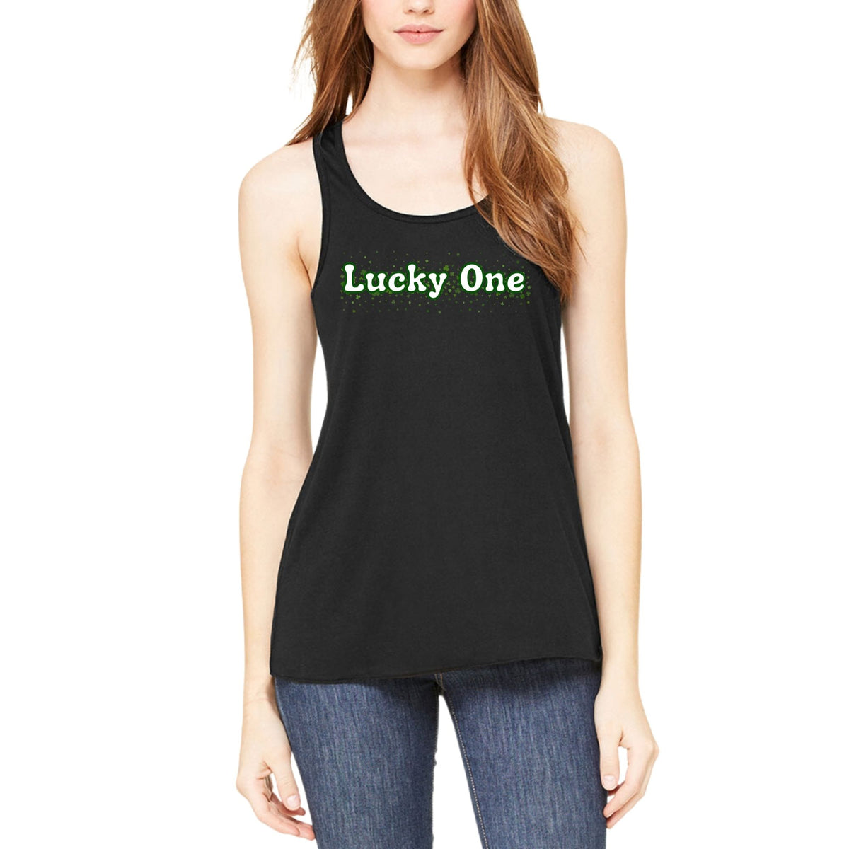 St. Patricks Day Clover Filled Lucky One Juniors Womens Racerback Tank Top Juniors Tank Tops Oldglory.com SM Black