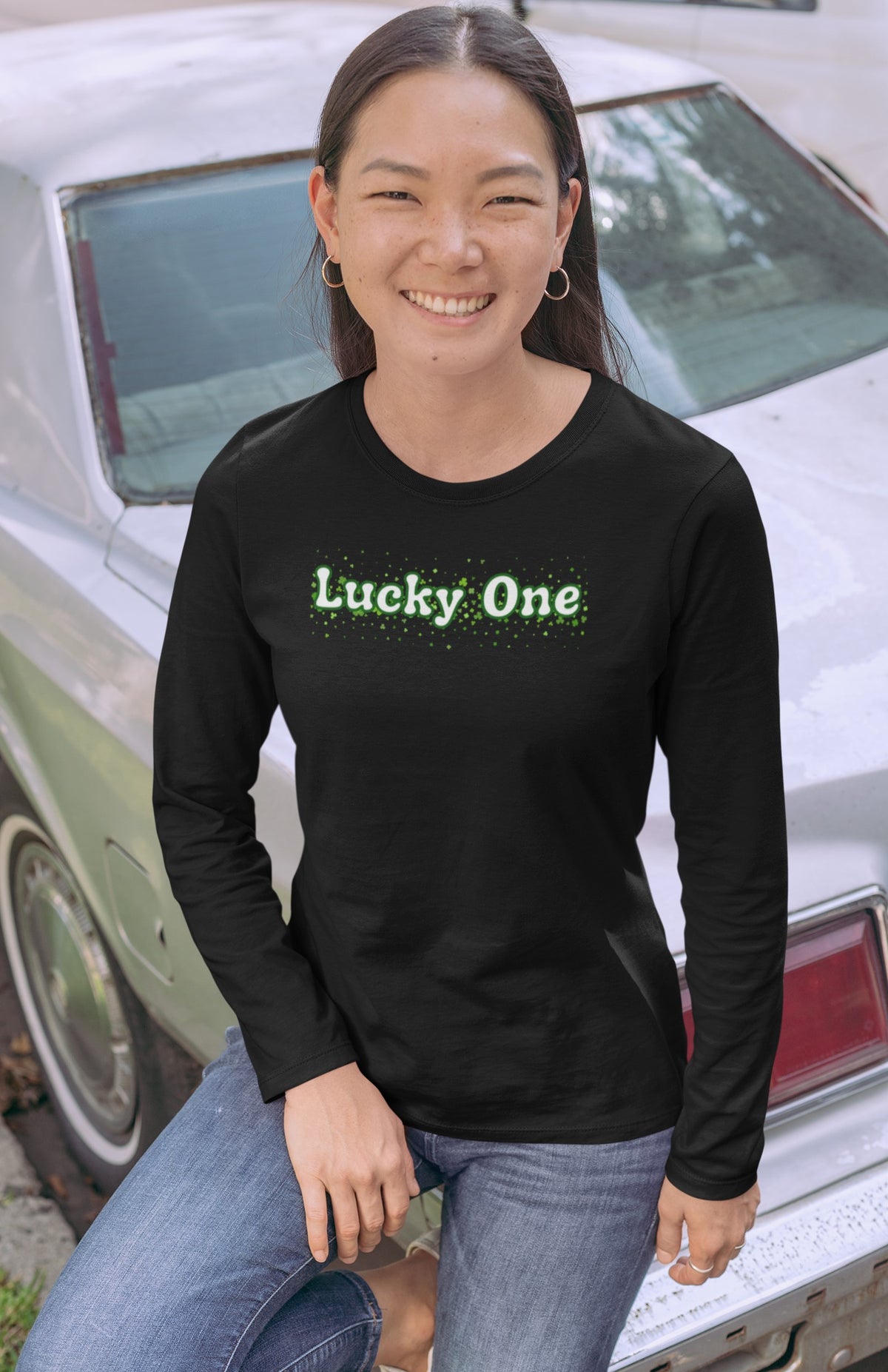 St. Patricks Day Clover Filled Lucky One Womens Long Sleeve T Shirt Women's Long Sleeves Oldglory.com