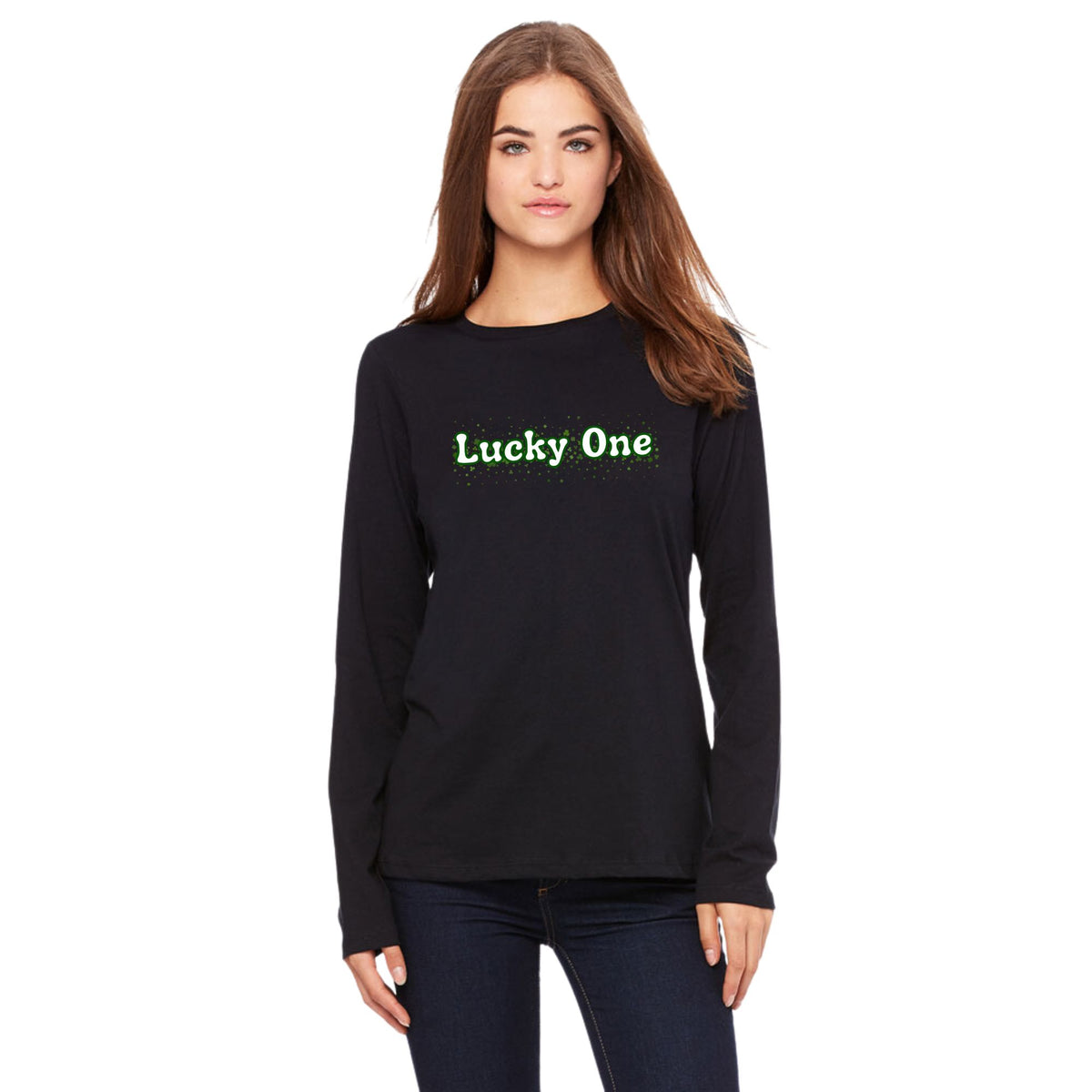 St. Patricks Day Clover Filled Lucky One Womens Long Sleeve T Shirt Women's Long Sleeves Oldglory.com SM Black