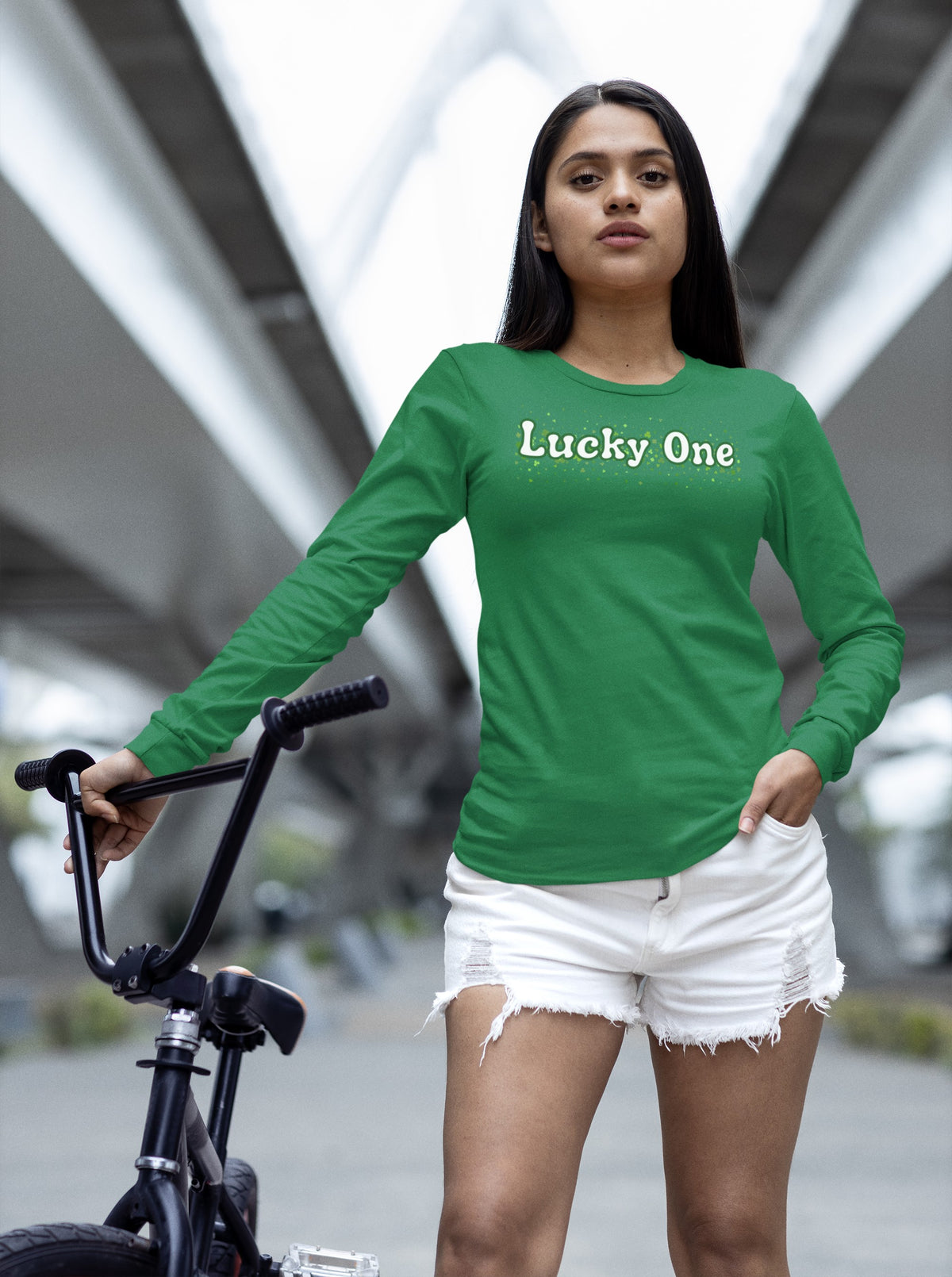 St. Patricks Day Clover Filled Lucky One Womens Long Sleeve T Shirt Women's Long Sleeves Oldglory.com