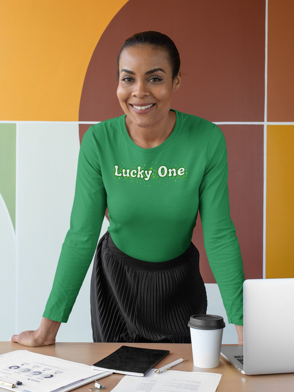 St. Patricks Day Clover Filled Lucky One Womens Long Sleeve T Shirt Women's Long Sleeves Oldglory.com