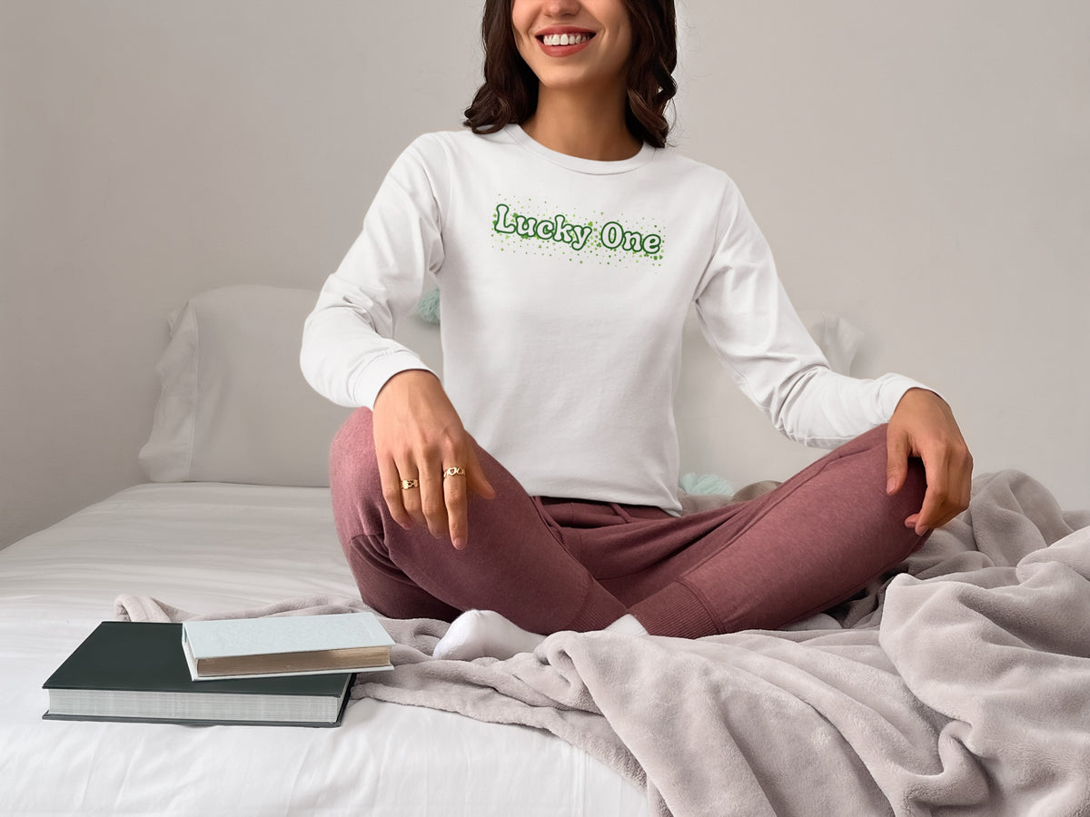 St. Patricks Day Clover Filled Lucky One Womens Long Sleeve T Shirt Women's Long Sleeves Oldglory.com