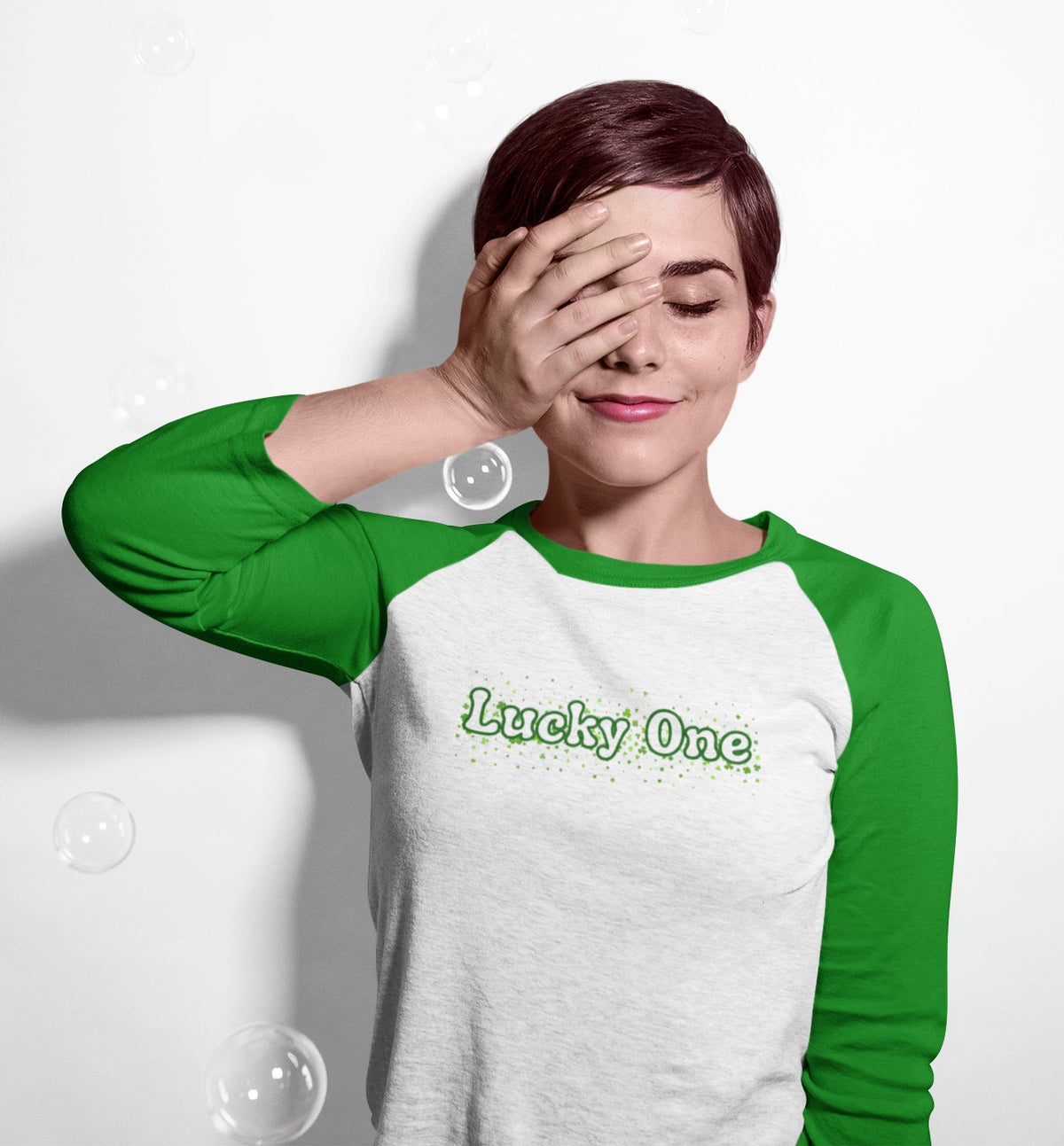 St. Patricks Day Clover Filled Lucky One Juniors Womens 3/4 Raglan T Shirt Women's Raglan Oldglory.com