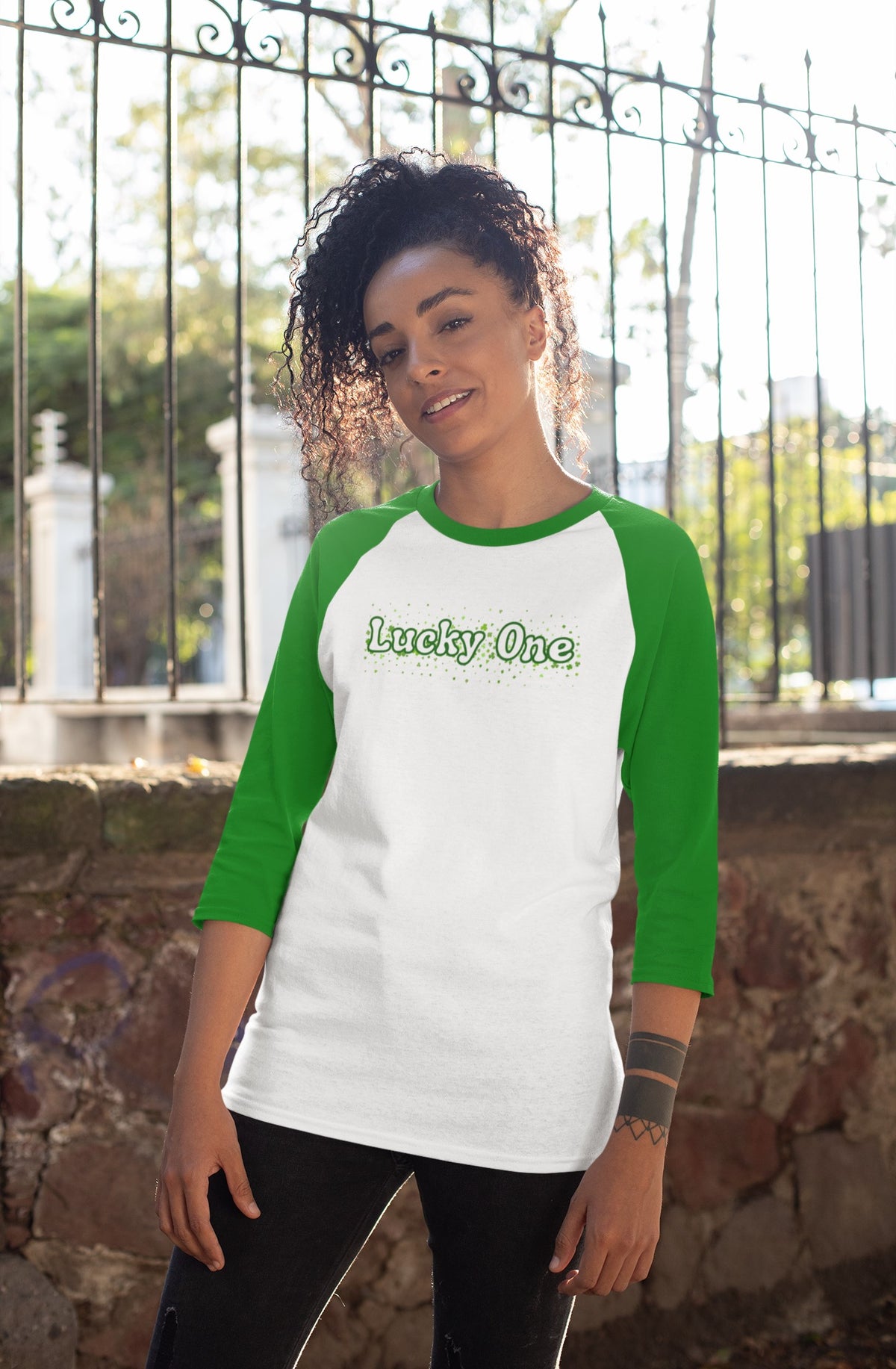 St. Patricks Day Clover Filled Lucky One Juniors Womens 3/4 Raglan T Shirt Women's Raglan Oldglory.com