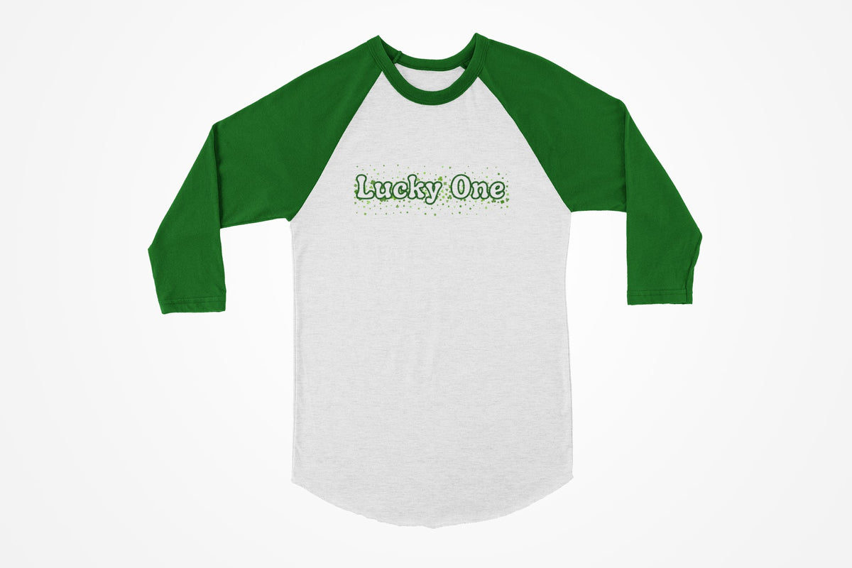 St. Patricks Day Clover Filled Lucky One Juniors Womens 3/4 Raglan T Shirt Women's Raglan Oldglory.com