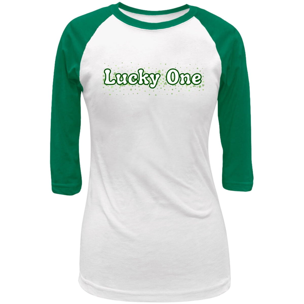 St. Patricks Day Clover Filled Lucky One Juniors Womens 3/4 Raglan T Shirt Women's Raglan Oldglory.com SM Heather Grey-Green