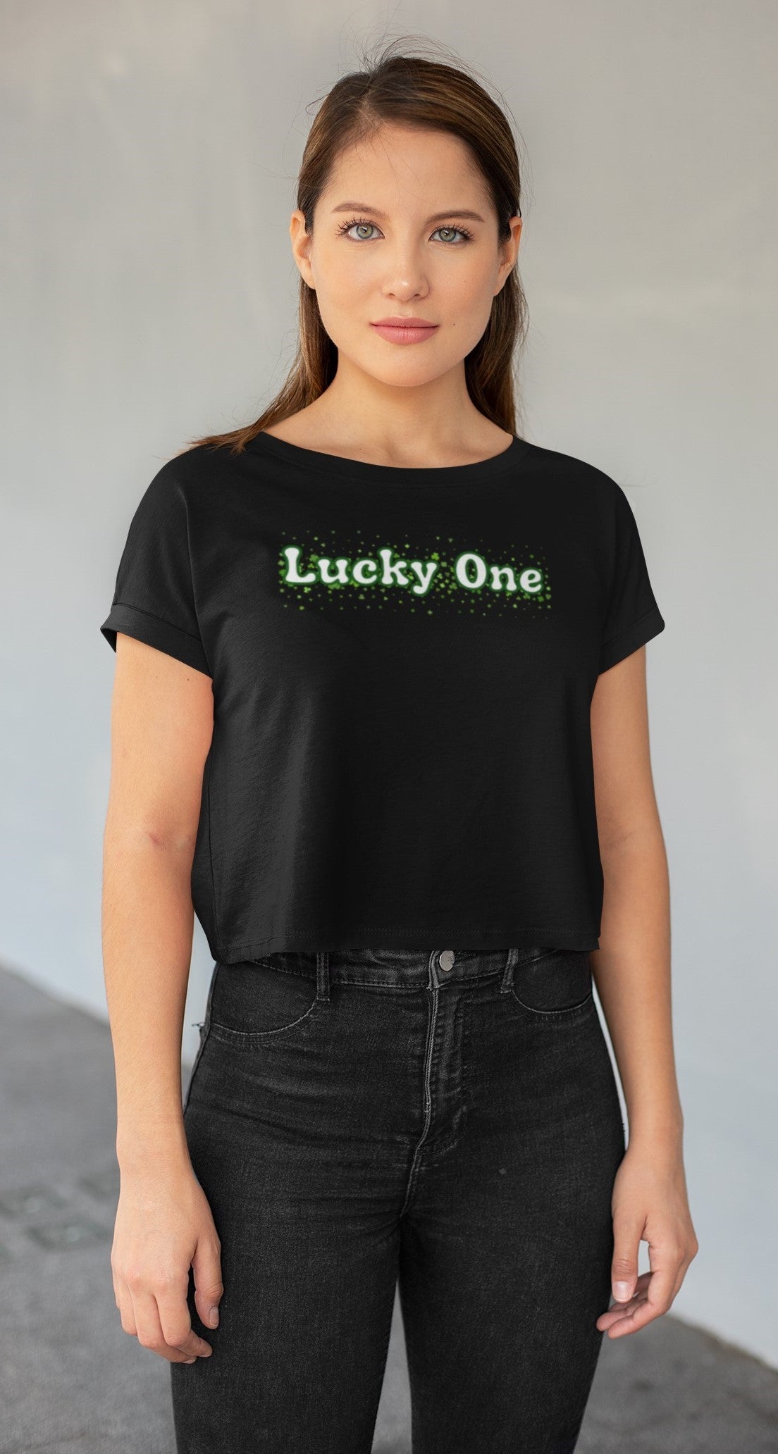 St. Patricks Day Clover Filled Lucky One Juniors Womens Crop Top T Shirt Juniors Crop T-Shirts Oldglory.com