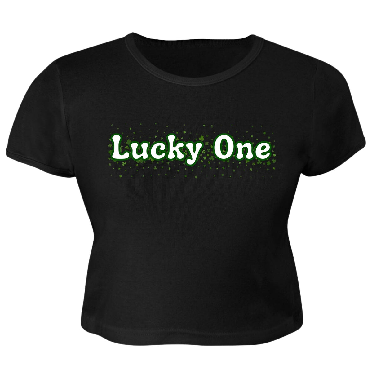 St. Patricks Day Clover Filled Lucky One Juniors Womens Crop Top T Shirt Juniors Crop T-Shirts Oldglory.com SM Black