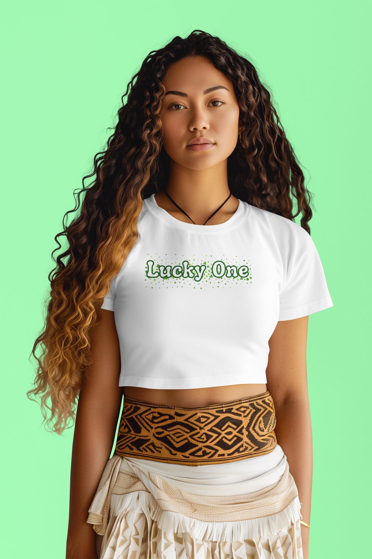 St. Patricks Day Clover Filled Lucky One Juniors Womens Crop Top T Shirt Juniors Crop T-Shirts Oldglory.com