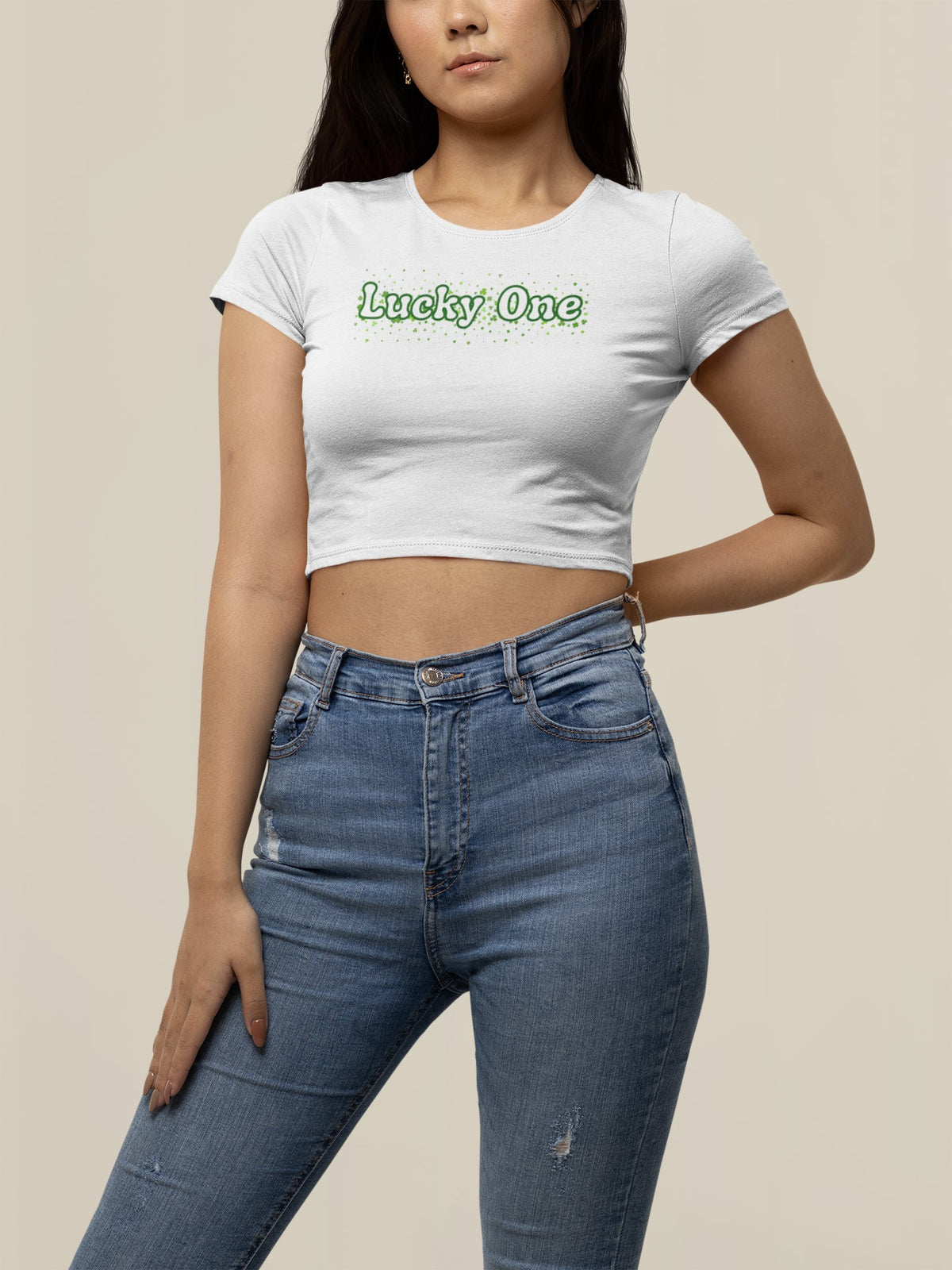 St. Patricks Day Clover Filled Lucky One Juniors Womens Crop Top T Shirt Juniors Crop T-Shirts Oldglory.com