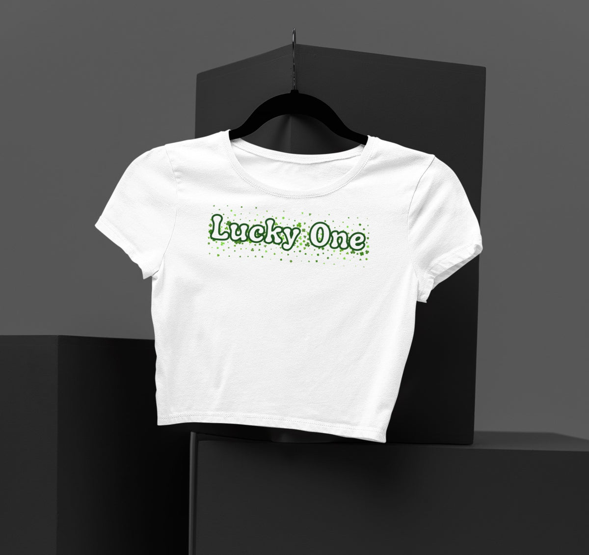 St. Patricks Day Clover Filled Lucky One Juniors Womens Crop Top T Shirt Juniors Crop T-Shirts Oldglory.com