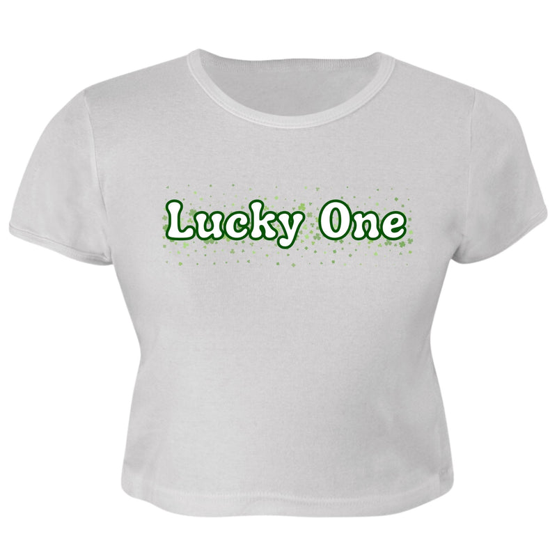 St. Patricks Day Clover Filled Lucky One Juniors Womens Crop Top T Shirt Juniors Crop T-Shirts Oldglory.com SM White