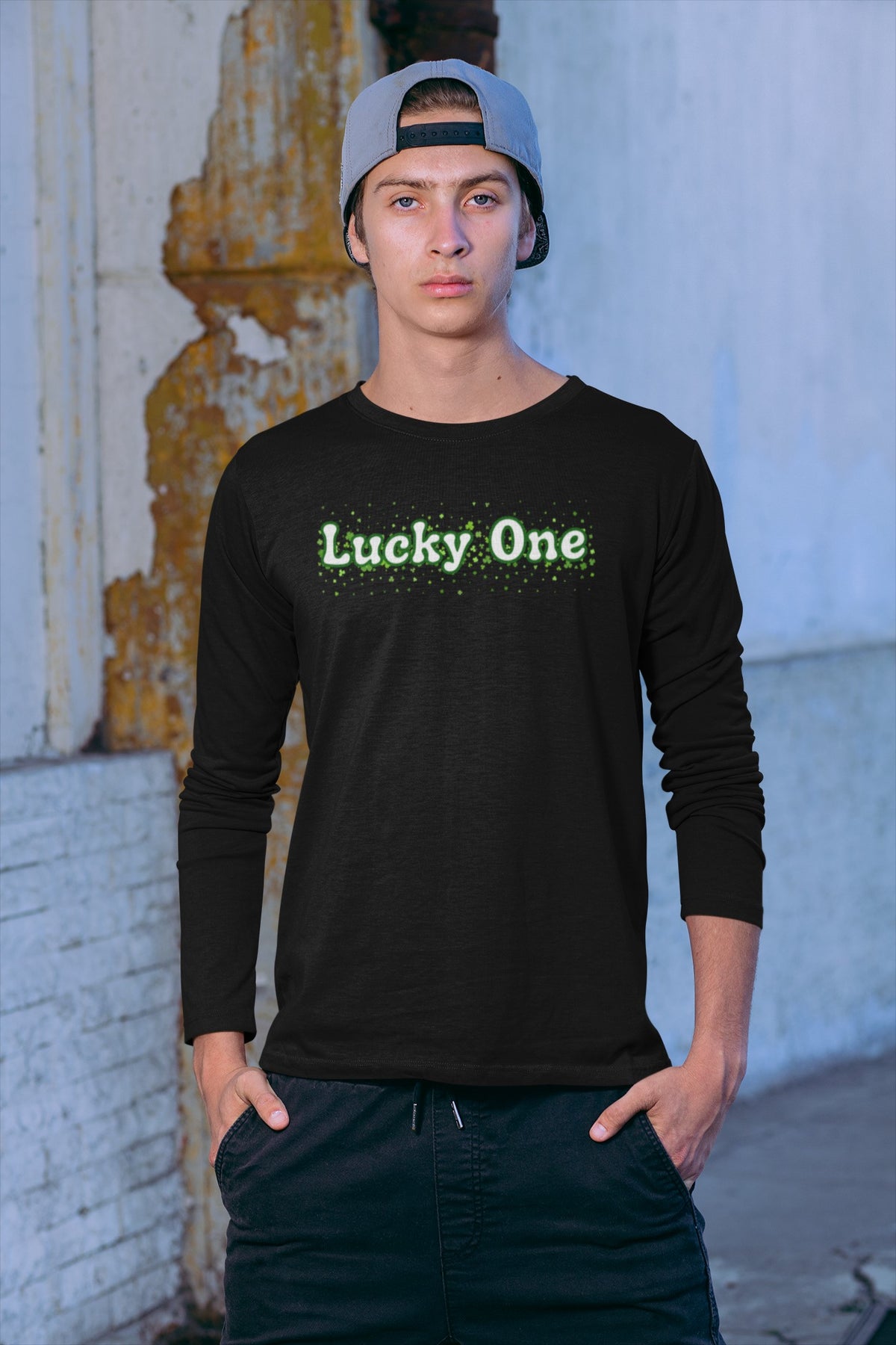 St. Patricks Day Clover Filled Lucky One Mens Long Sleeve T Shirt Men's Long Sleeves Oldglory.com