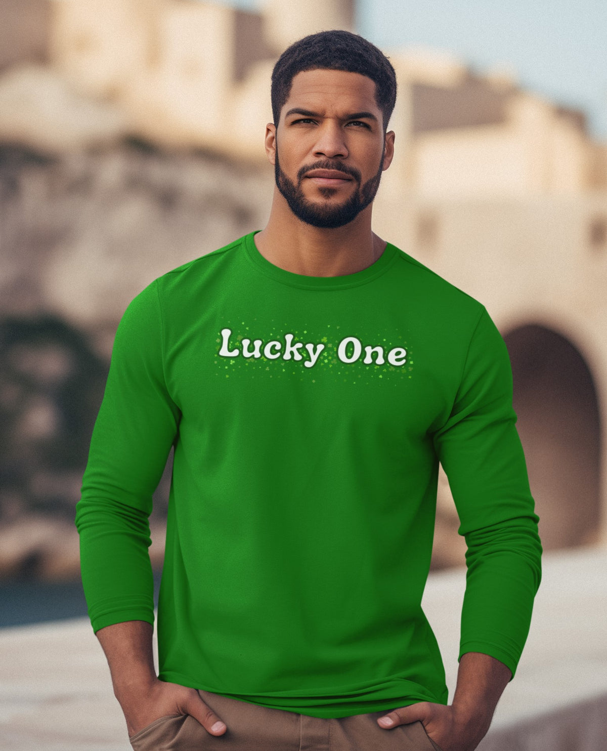 St. Patricks Day Clover Filled Lucky One Mens Long Sleeve T Shirt Men's Long Sleeves Oldglory.com