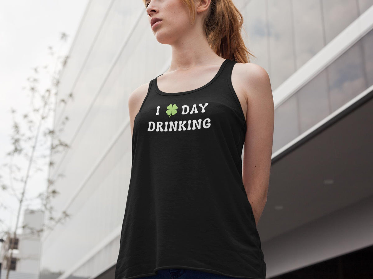 St. Patricks Day Festive I Love Day Drinking Shamrock Juniors Womens Racerback Tank Top Juniors Tank Tops Oldglory.com