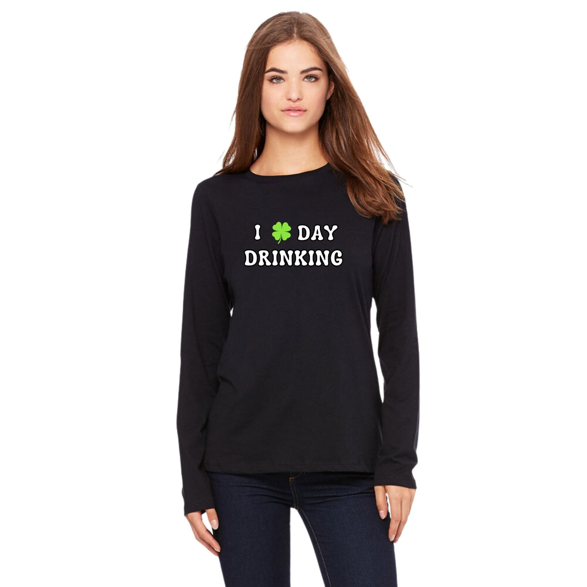 St. Patricks Day Festive I Love Day Drinking Shamrock Womens Long Sleeve T Shirt Women's Long Sleeves Oldglory.com SM Black