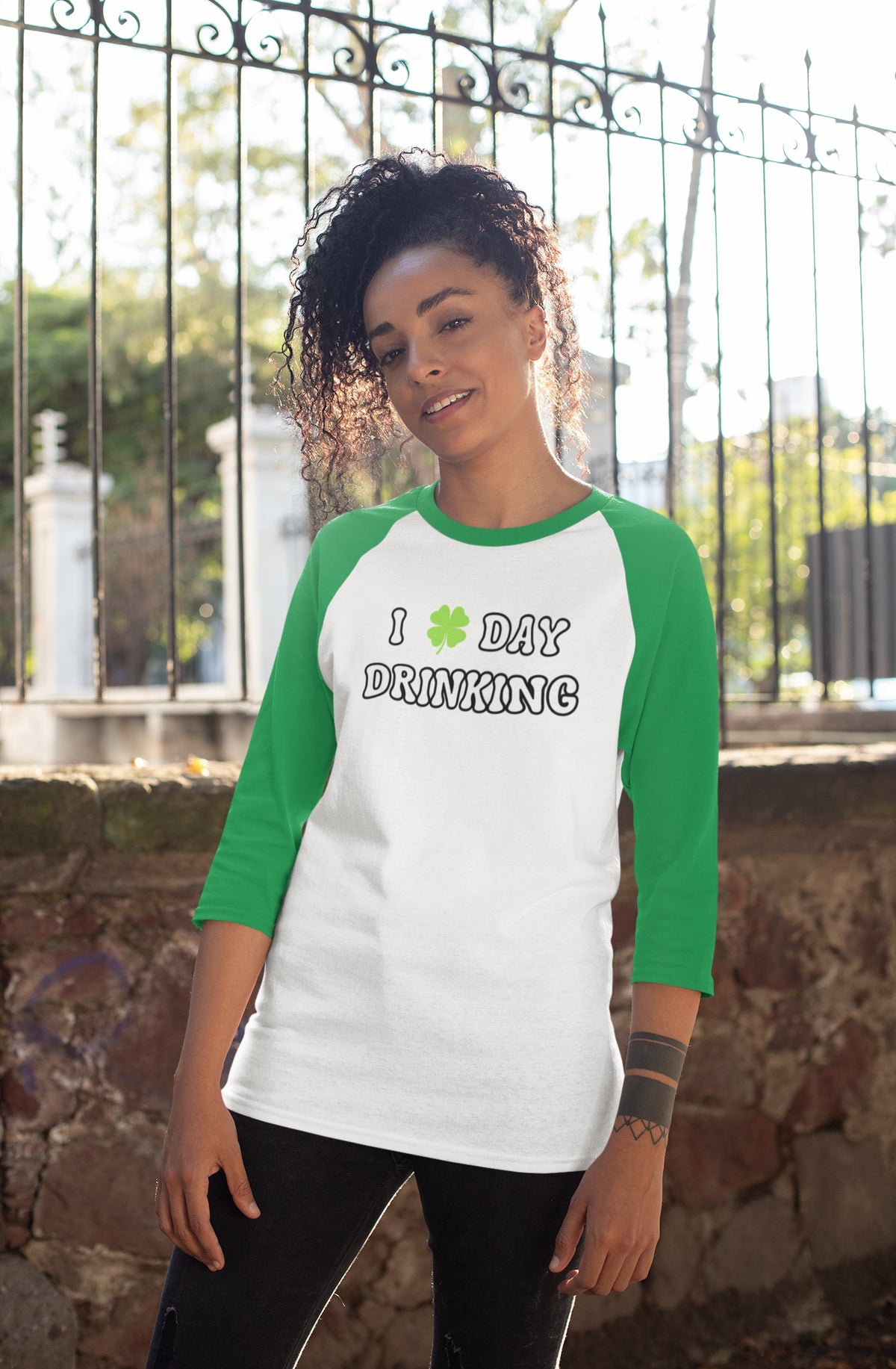 St. Patricks Day Festive I Love Day Drinking Shamrock Juniors Womens 3/4 Raglan T Shirt Women's Raglan Oldglory.com