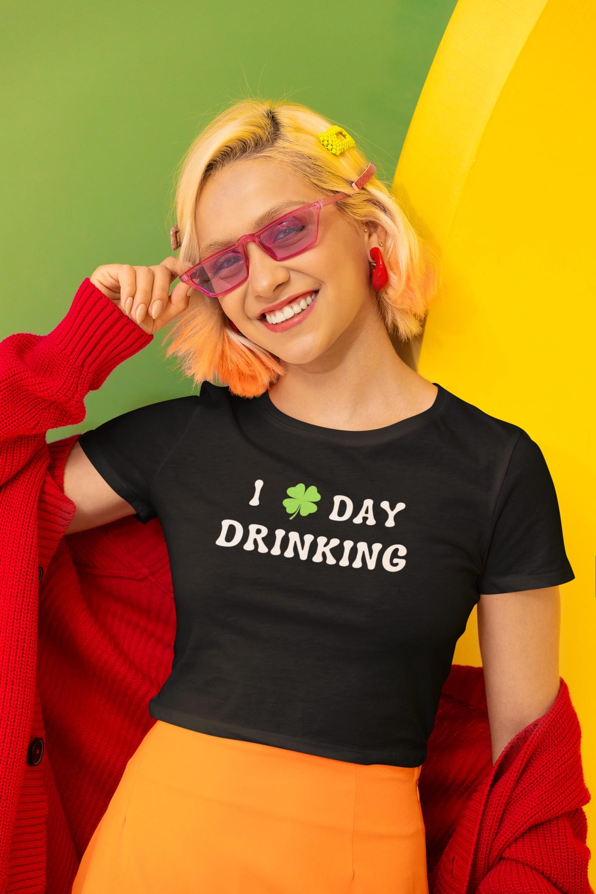 St. Patricks Day Festive I Love Day Drinking Shamrock Juniors Womens Crop Top T Shirt Juniors Crop T-Shirts Oldglory.com