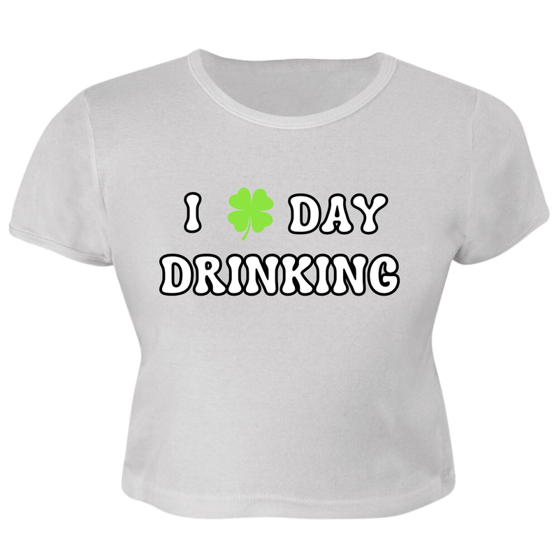 St. Patricks Day Festive I Love Day Drinking Shamrock Juniors Womens Crop Top T Shirt Juniors Crop T-Shirts Oldglory.com SM White