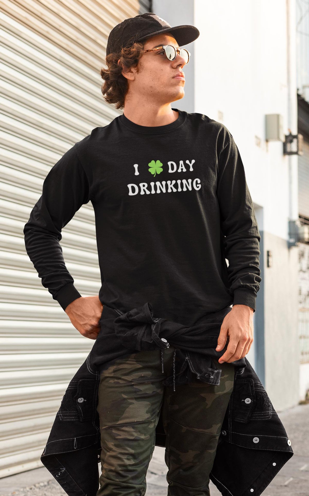 St. Patricks Day Festive I Love Day Drinking Shamrock Mens Long Sleeve T Shirt Men's Long Sleeves Oldglory.com