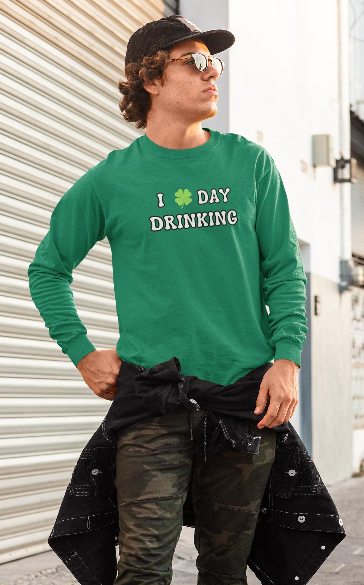 St. Patricks Day Festive I Love Day Drinking Shamrock Mens Long Sleeve T Shirt Men's Long Sleeves Oldglory.com