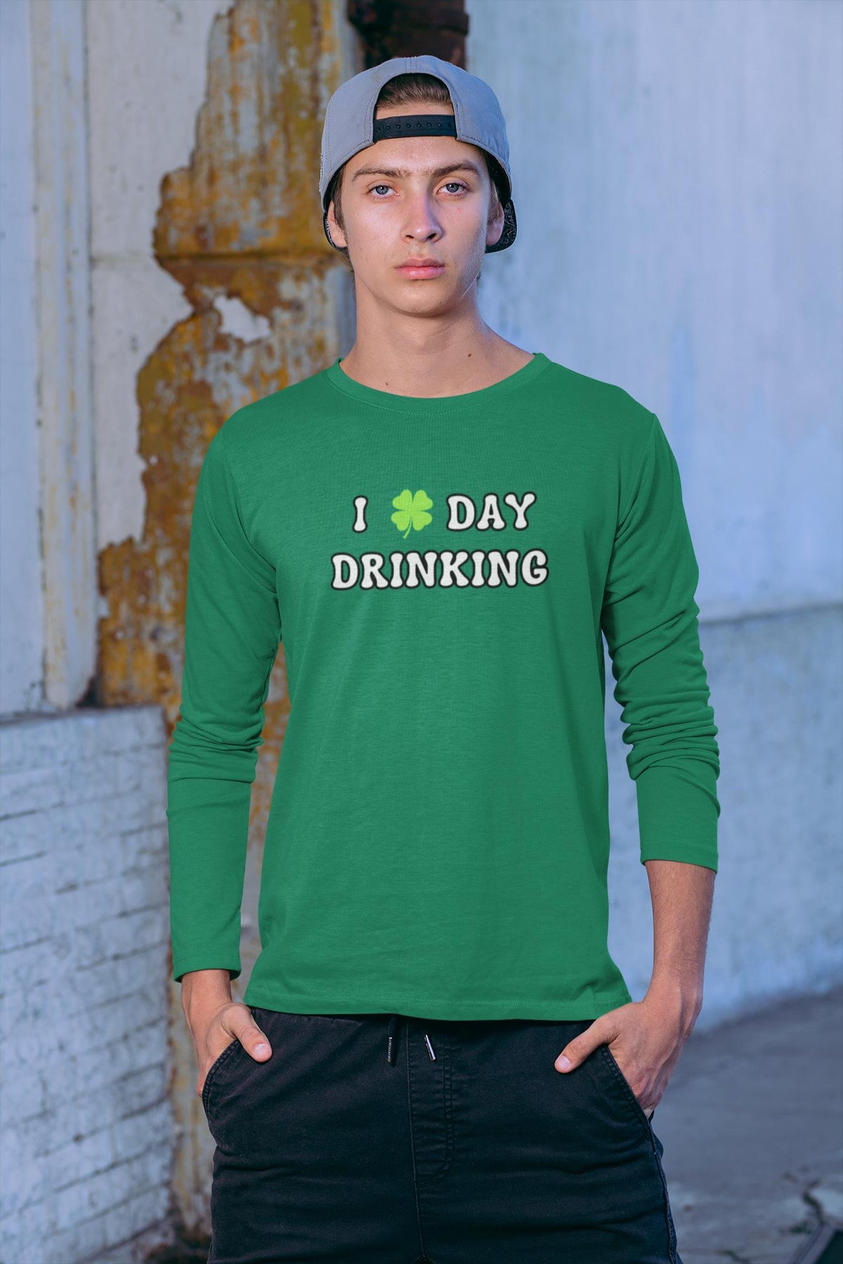 St. Patricks Day Festive I Love Day Drinking Shamrock Mens Long Sleeve T Shirt Men's Long Sleeves Oldglory.com