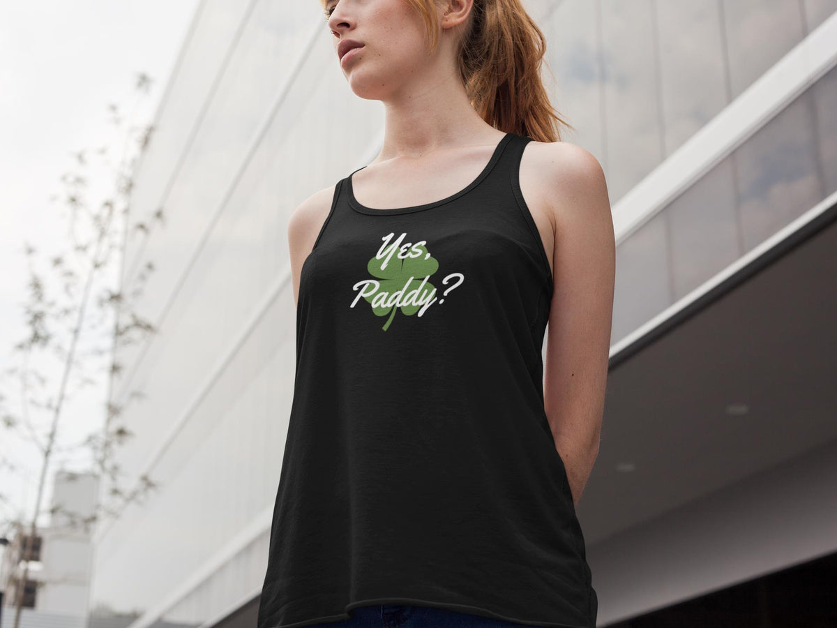 St. Patricks Day Yes Paddy? Clover Filled Juniors Womens Racerback Tank Top Juniors Tank Tops Oldglory.com