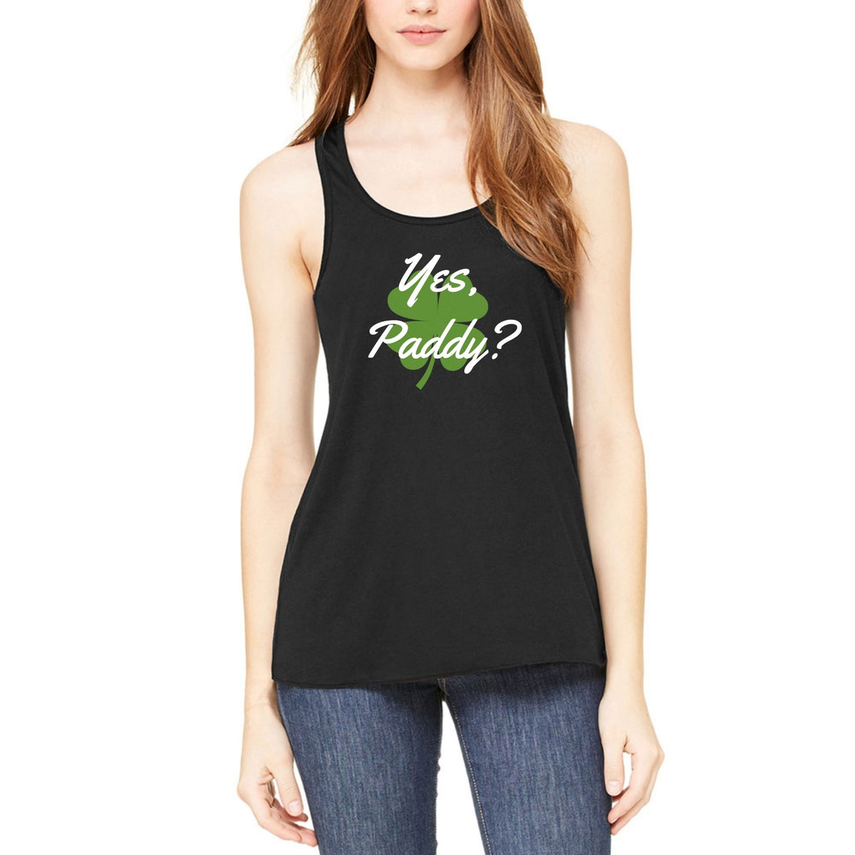 St. Patricks Day Yes Paddy? Clover Filled Juniors Womens Racerback Tank Top Juniors Tank Tops Oldglory.com SM Black