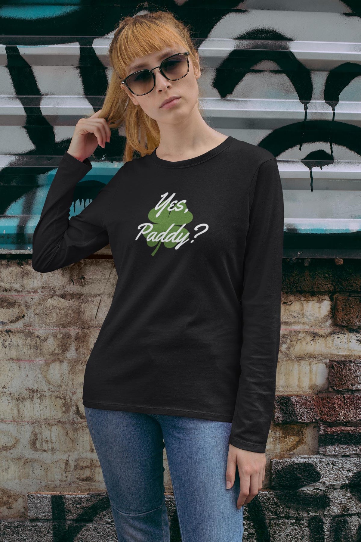 St. Patricks Day Yes Paddy? Clover Filled Womens Long Sleeve T Shirt Women's Long Sleeves Oldglory.com