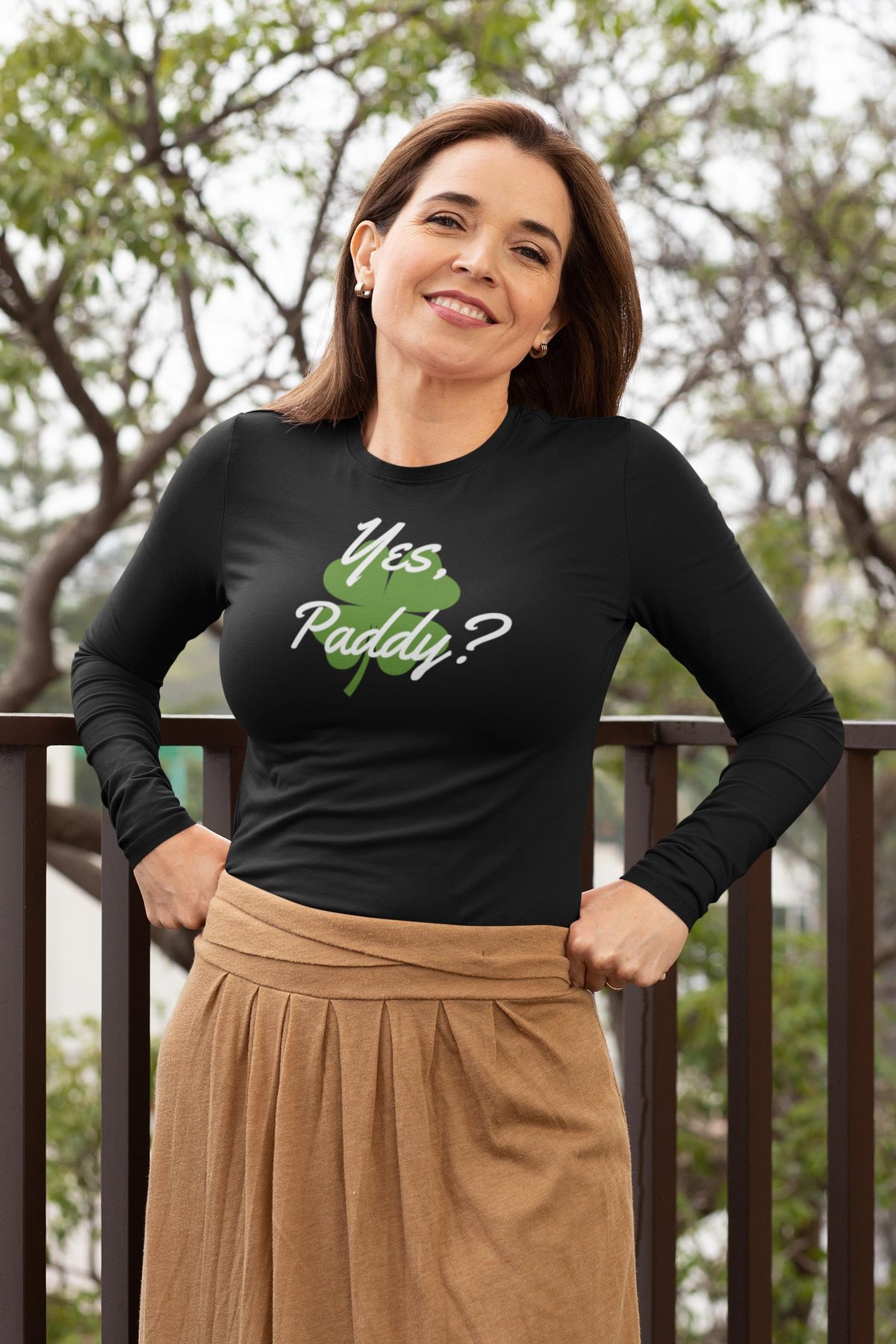 St. Patricks Day Yes Paddy? Clover Filled Womens Long Sleeve T Shirt Women's Long Sleeves Oldglory.com