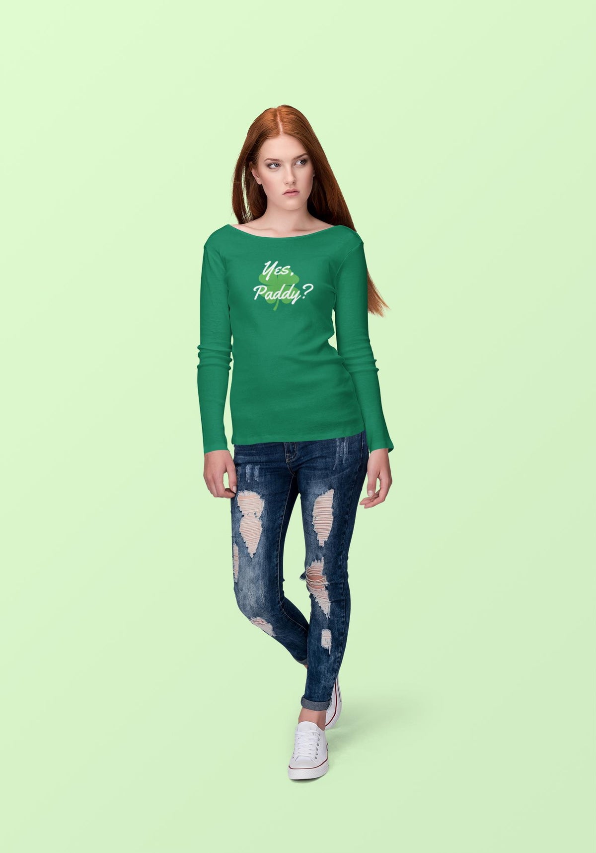 St. Patricks Day Yes Paddy? Clover Filled Womens Long Sleeve T Shirt Women's Long Sleeves Oldglory.com