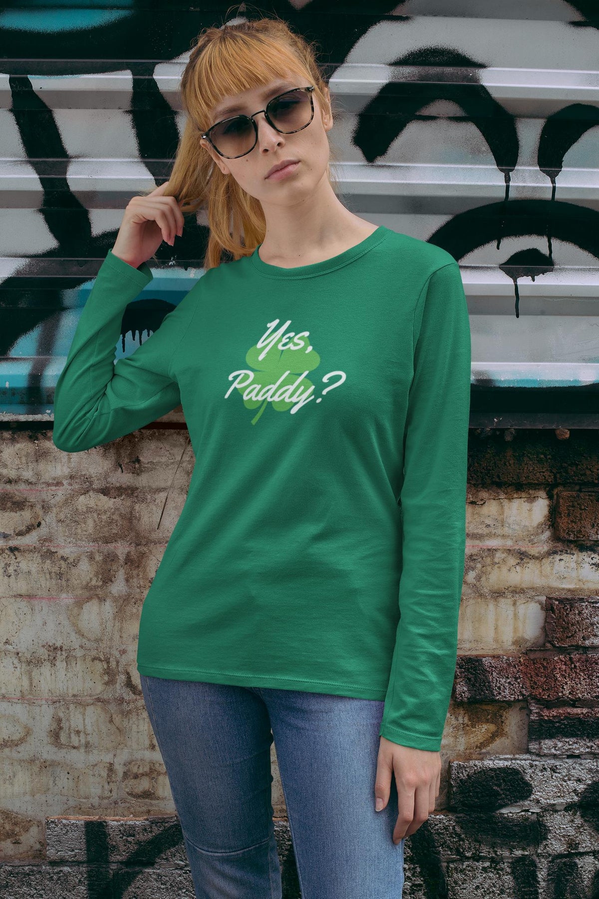 St. Patricks Day Yes Paddy? Clover Filled Womens Long Sleeve T Shirt Women's Long Sleeves Oldglory.com