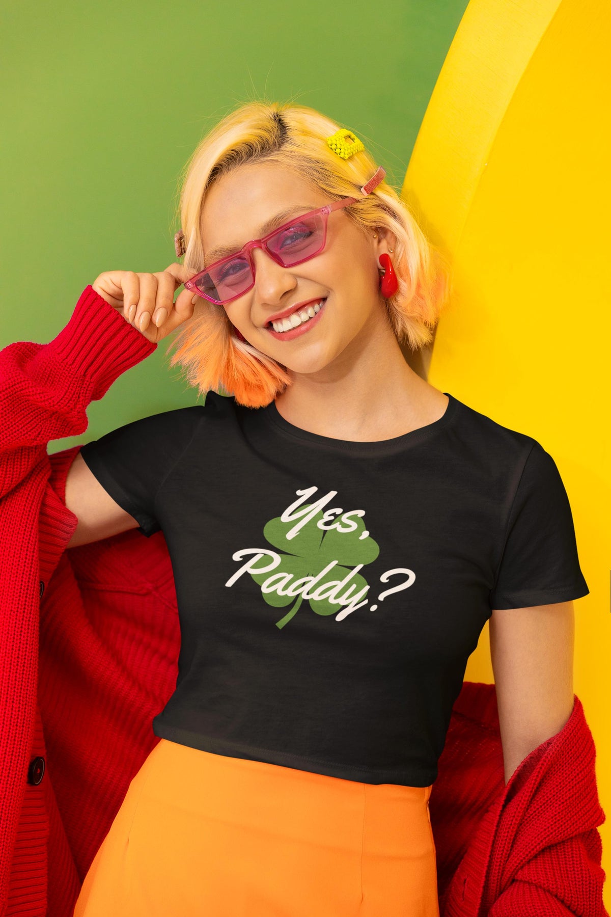 St. Patricks Day Yes Paddy? Clover Filled Juniors Womens Crop Top T Shirt Juniors Crop T-Shirts Oldglory.com