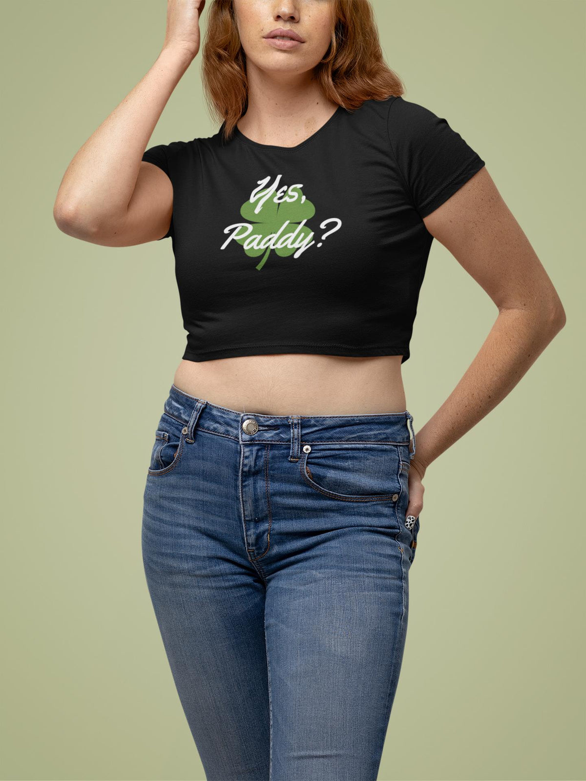 St. Patricks Day Yes Paddy? Clover Filled Juniors Womens Crop Top T Shirt Juniors Crop T-Shirts Oldglory.com