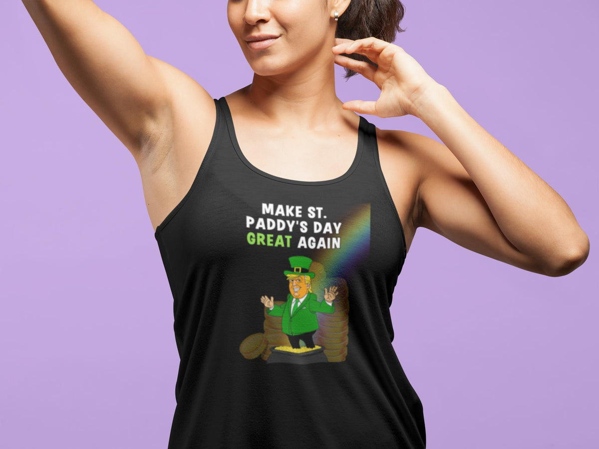 St. Patricks Day Festive and Political Trump Figure Themed Make St Paddys Day Great Again End of the Rainbow Juniors Womens Racerback Tank Top Juniors Tank Tops Oldglory.com