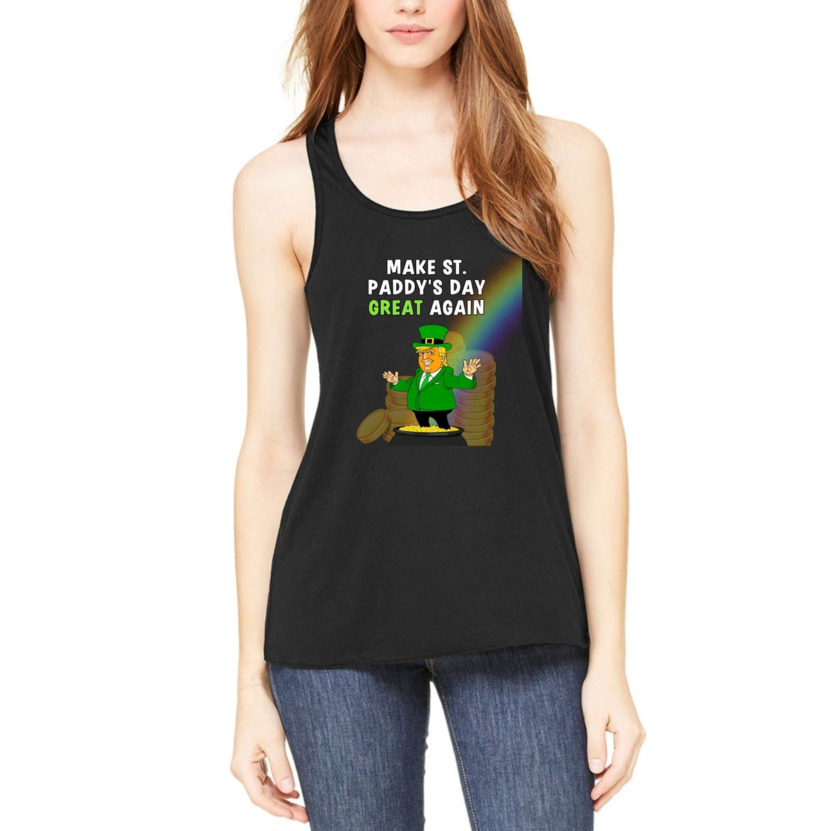 St. Patricks Day Festive and Political Trump Figure Themed Make St Paddys Day Great Again End of the Rainbow Juniors Womens Racerback Tank Top Juniors Tank Tops Oldglory.com SM Black