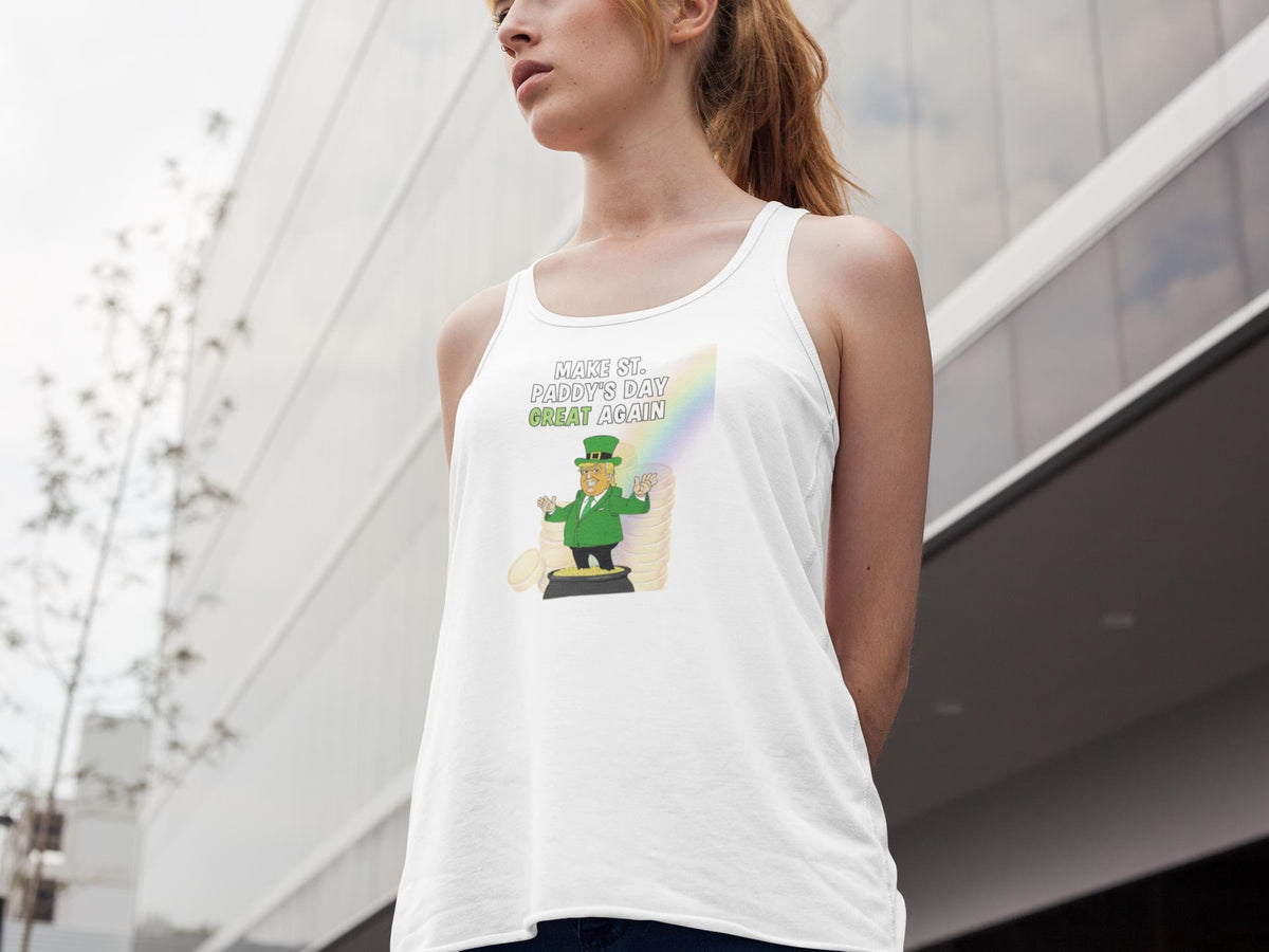 St. Patricks Day Festive and Political Trump Figure Themed Make St Paddys Day Great Again End of the Rainbow Juniors Womens Racerback Tank Top Juniors Tank Tops Oldglory.com