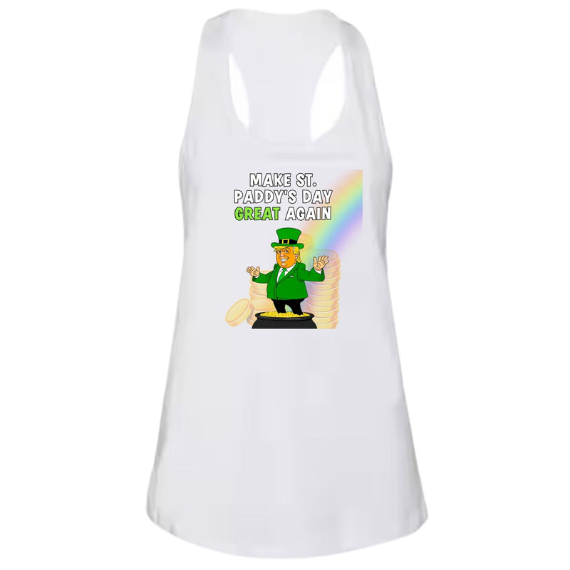 St. Patricks Day Festive and Political Trump Figure Themed Make St Paddys Day Great Again End of the Rainbow Juniors Womens Racerback Tank Top Juniors Tank Tops Oldglory.com SM White