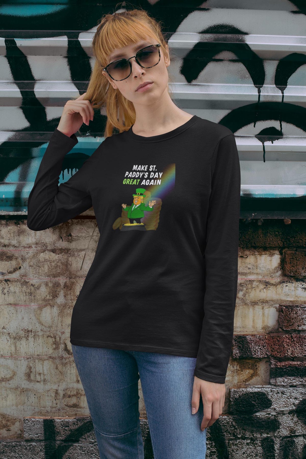 St. Patricks Day Festive and Political Trump Figure Themed Make St. Paddys Day Great Again End of the Rainbow Womens Long Sleeve T Shirt Women's Long Sleeves Oldglory.com