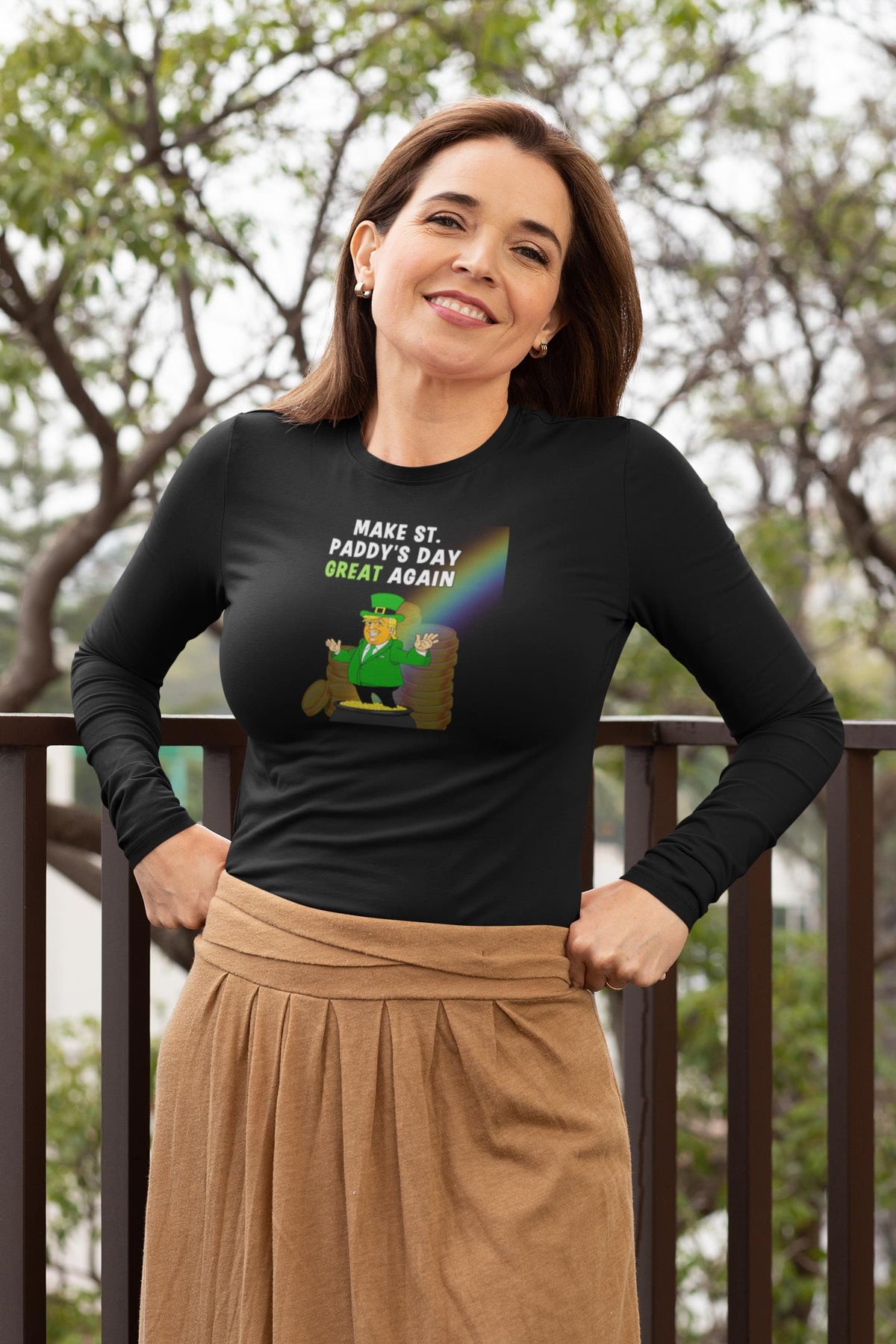 St. Patricks Day Festive and Political Trump Figure Themed Make St. Paddys Day Great Again End of the Rainbow Womens Long Sleeve T Shirt Women's Long Sleeves Oldglory.com