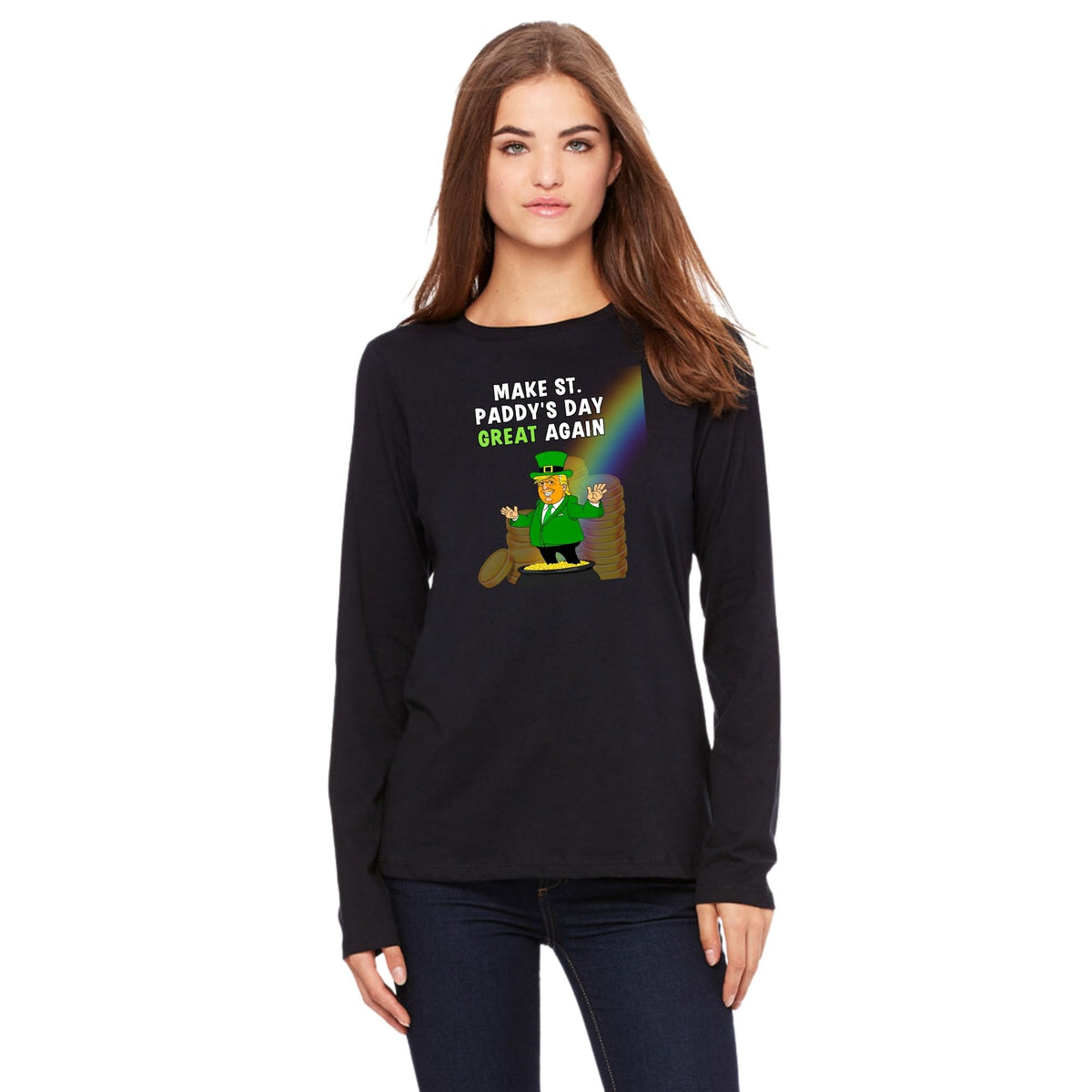 St. Patricks Day Festive and Political Trump Figure Themed Make St. Paddys Day Great Again End of the Rainbow Womens Long Sleeve T Shirt Women's Long Sleeves Oldglory.com SM Black