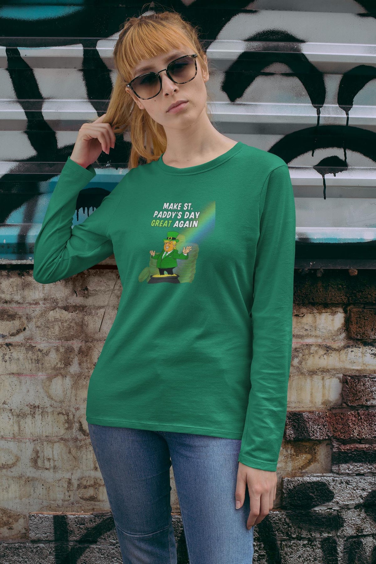 St. Patricks Day Festive and Political Trump Figure Themed Make St. Paddys Day Great Again End of the Rainbow Womens Long Sleeve T Shirt Women's Long Sleeves Oldglory.com