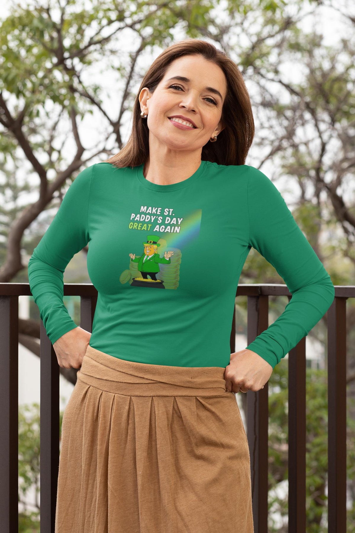 St. Patricks Day Festive and Political Trump Figure Themed Make St. Paddys Day Great Again End of the Rainbow Womens Long Sleeve T Shirt Women's Long Sleeves Oldglory.com