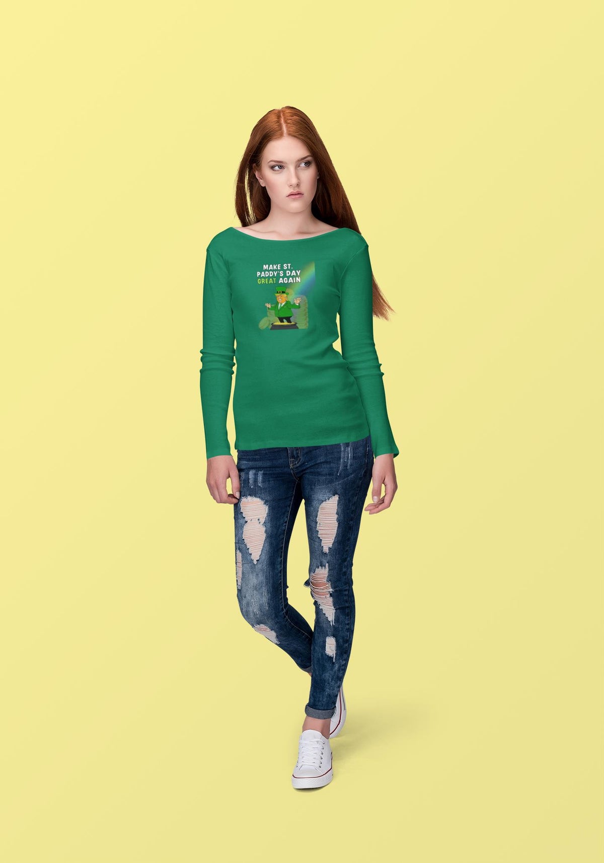 St. Patricks Day Festive and Political Trump Figure Themed Make St. Paddys Day Great Again End of the Rainbow Womens Long Sleeve T Shirt Women's Long Sleeves Oldglory.com