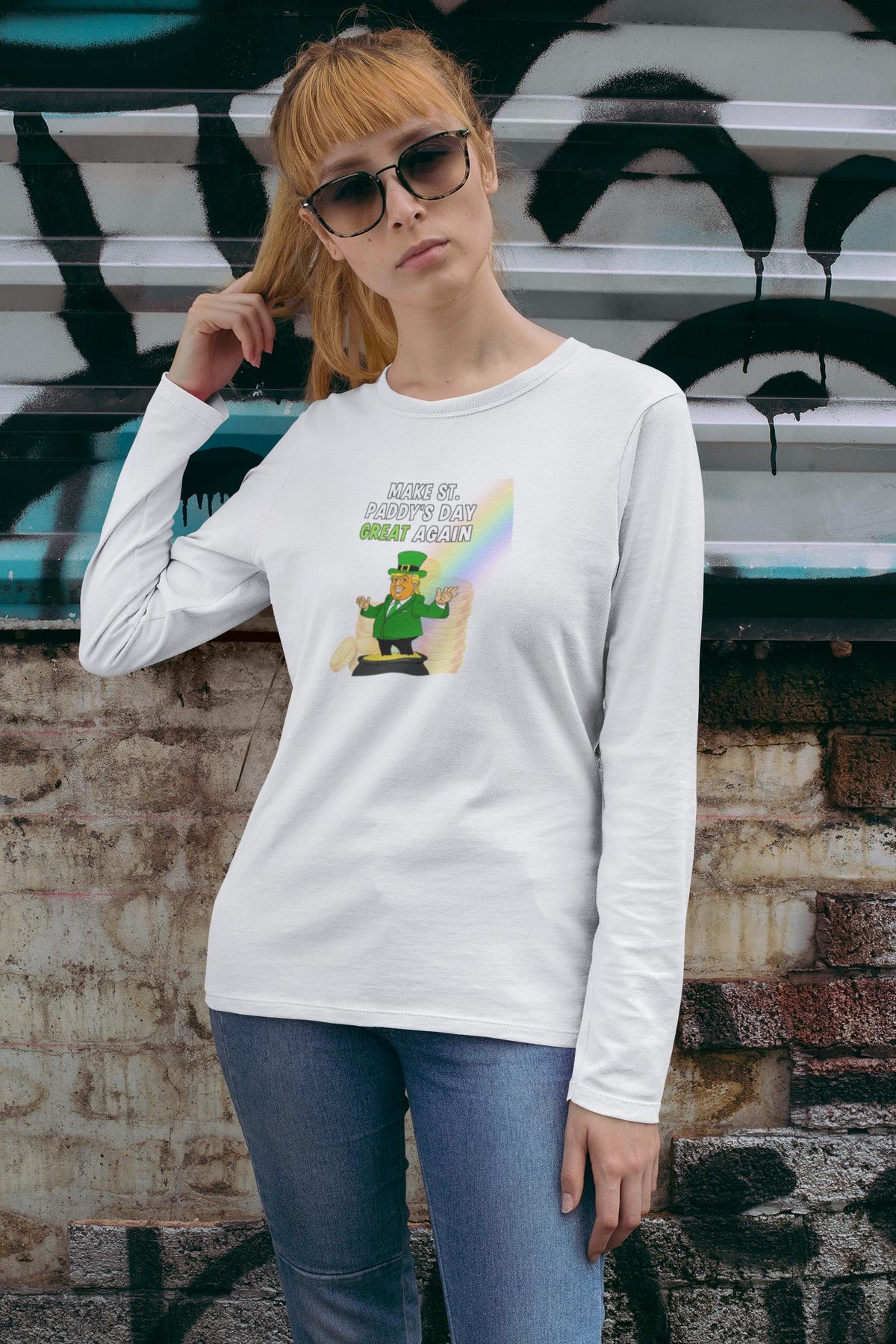 St. Patricks Day Festive and Political Trump Figure Themed Make St. Paddys Day Great Again End of the Rainbow Womens Long Sleeve T Shirt Women's Long Sleeves Oldglory.com