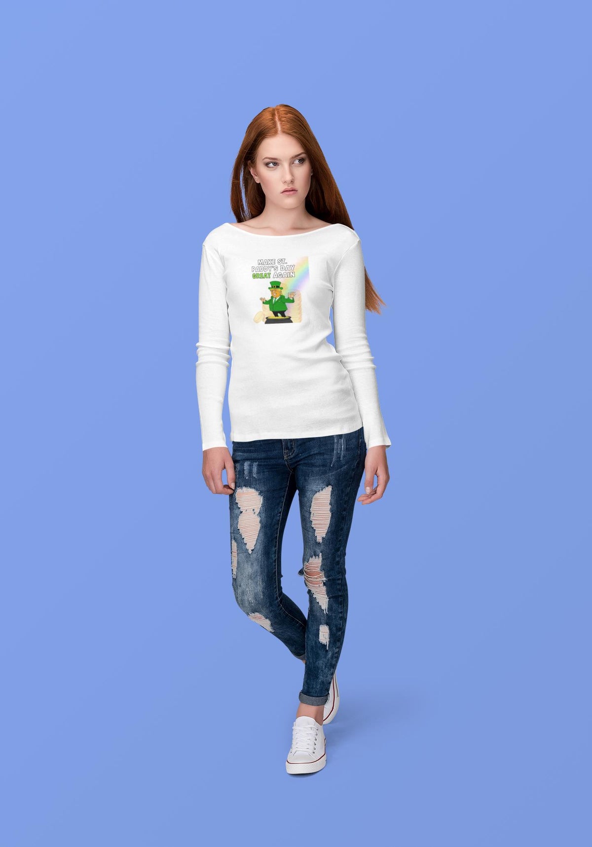 St. Patricks Day Festive and Political Trump Figure Themed Make St. Paddys Day Great Again End of the Rainbow Womens Long Sleeve T Shirt Women's Long Sleeves Oldglory.com