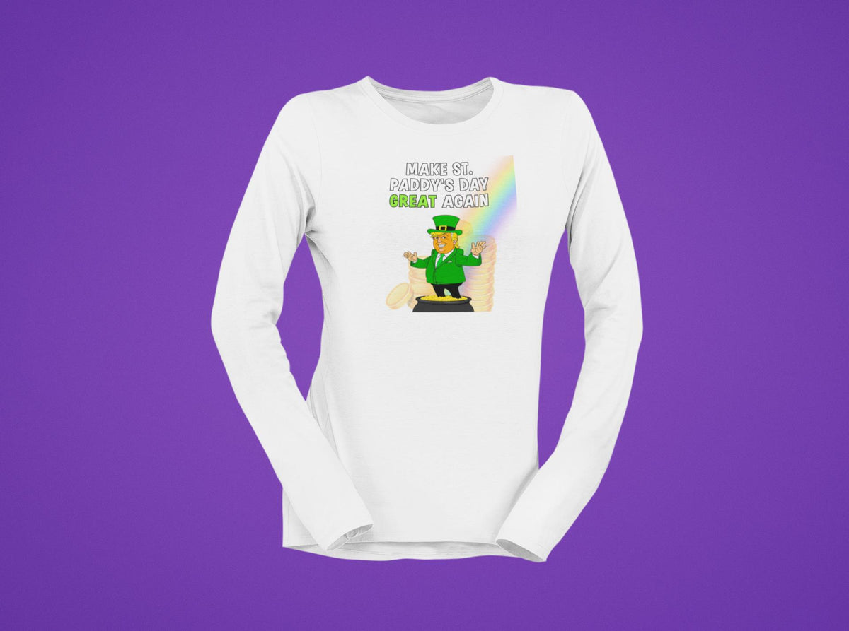 St. Patricks Day Festive and Political Trump Figure Themed Make St. Paddys Day Great Again End of the Rainbow Womens Long Sleeve T Shirt Women's Long Sleeves Oldglory.com