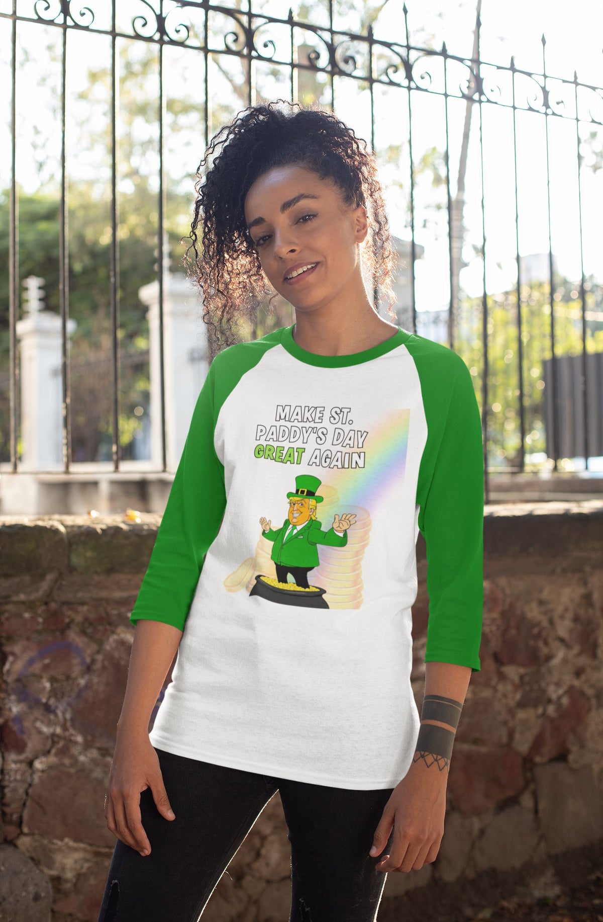 St. Patricks Day Festive and Political Trump Figure Themed Make St. Paddys Day Great Again End of the Rainbow Juniors Womens 3/4 Raglan T Shirt Women's Raglan Oldglory.com